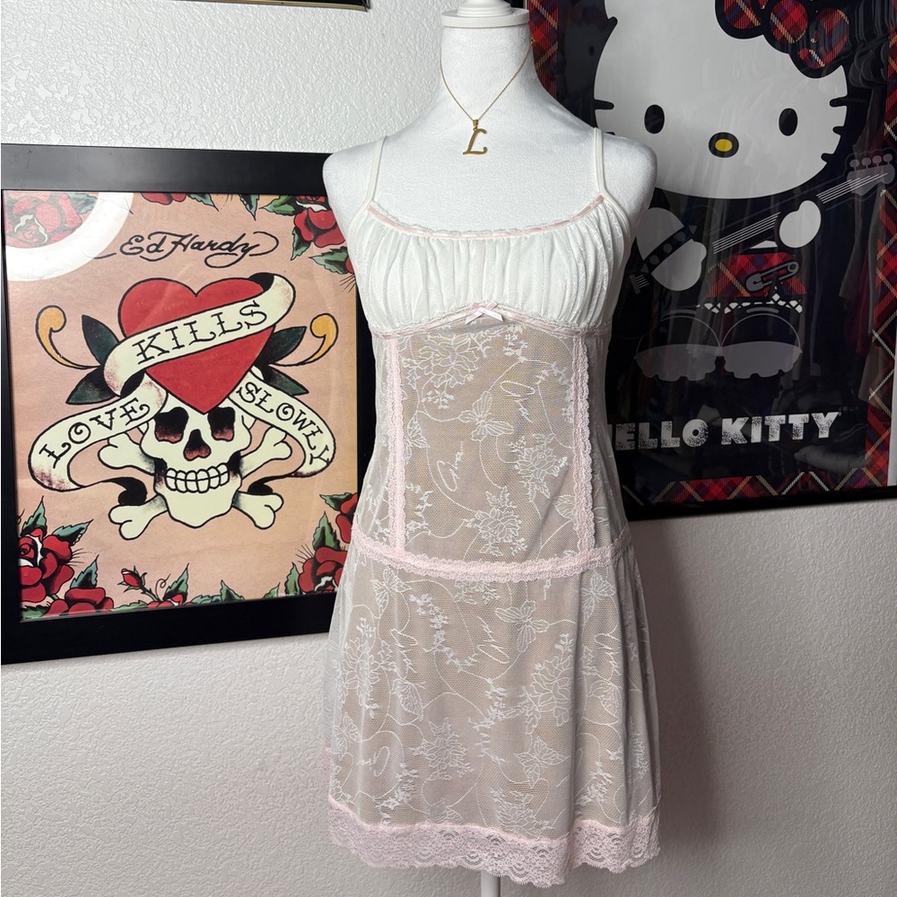 Iamgia Karina Dress White Lace Mesh Slip Mini Dress Coquette Fairy Cottagecore